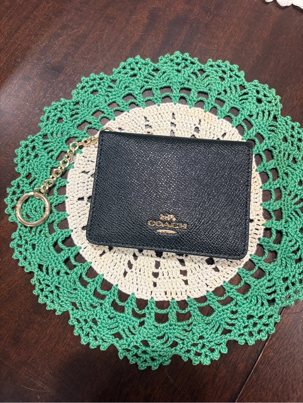 Coach Black Leather Card Holder with Gold Chain